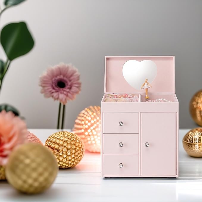 Vlando Musical Jewelry Box with Spinning Ballerina, Girls’ Jewelry Organizer for Necklaces Rings and Hair Accessories, Gift for Girls and Kids, Barely Pink
