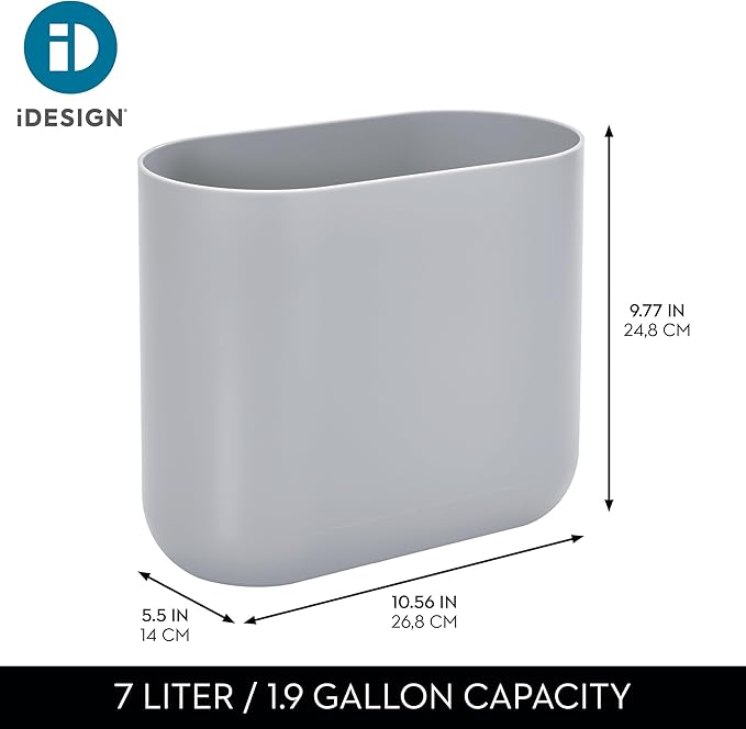 iDesign Small Slim Plastic Bathroom Trash Can, Garbage Can for Bedroom, Office, Desk, Dorm, 2-Pack, Gray