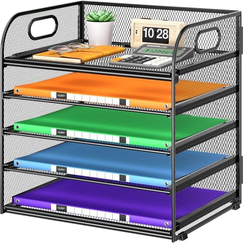 Cawukege 5 Tier Paper Organizer with Handle, Black Metal Mesh Desk Organizer File Folder Paper Letter Tray Desktop Document Sorter for Classroom, School, Office Accessories Organization and Storage by Cawukege