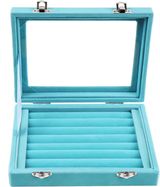 Jewelry Box Rings Organizer Tray 7 Slots Velvet Jewelry Earring Storage Box With Transparent Lid Jewelry Display Case for Girls Women (Light Blue)