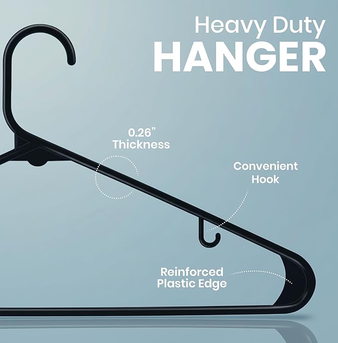Utopia Home Plastic Hangers 20 Pack - Space Saving Clothes Hanger - Durable & Strong Closet Organizers and Storage with Built-in Strap Hooks - Essential for Shirts, Pants, Skirts & Coats (Black)