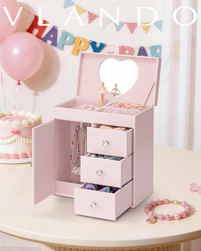 Vlando Musical Jewelry Box for Girls - Valentines Day Gift for Kid - Large Kid Music Box with Ballerina for Birthday Bedroom Decor, 4 Layer Girl Jewelry Gifts for Girls Kids - Light Pink