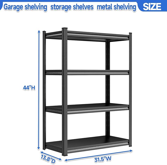 PRESTELION 44" H Storage Shelves 4-Tier Metal Shelf 2000LBS Garage Shelving Unit Adjustable Shelf for Basement, Warehouse, Pantry, Closet, Kitchen 44" H x 31.5" W x 13.8" D, Black