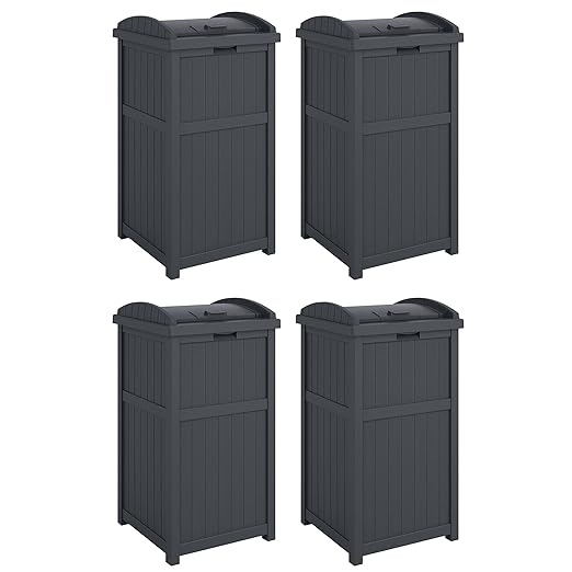 Suncast 4 Pack Outdoor Waste Bin Trash Hideaway Container with Latching Lid, 33 Gallon Capacity