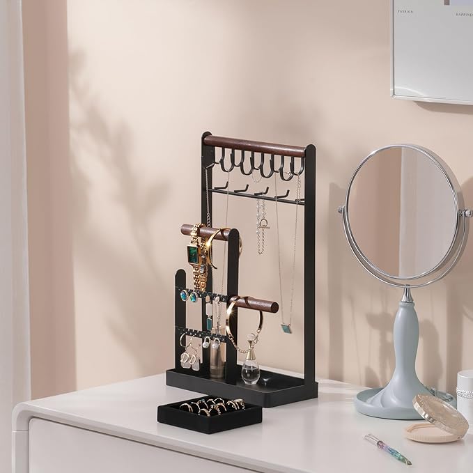 ProCase Jewelry Organizer Jewelry Stand Jewelry Holder Organizer, 5-Tier Necklace Organizer with Ring Tray, Large Aesthetic Jewelry Tower Storage Rack Tree for Bracelets Earrings Rings -Large, Black