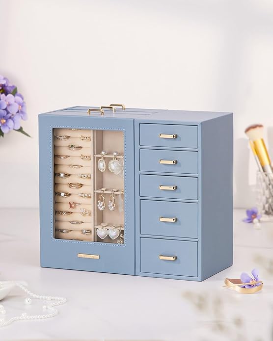 Homde Large Jewelry Box/Organizer/Case with Glass Window, Drawers for Necklaces Earrings Rings Bracelets Watches Gift for Women Girls