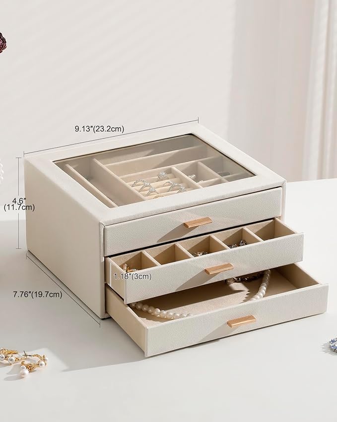 Jewelry Box with Glass Lid,3-Layer Jewelry Boxes for Women,PU Leather Jewelry Organizer with 20-Grid Earring Drawer & Movable Dividers for Necklaces Rings - Cloud White
