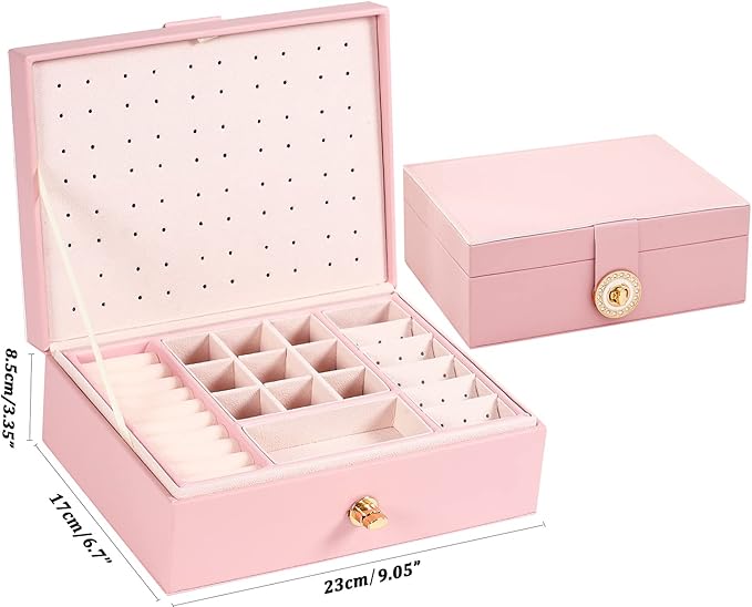 Earrings Jewelry Box for Girls, Large Capacity Jewelry Organizer with 40-Pair Earring Board, 2-Layer Leather Jewelry Storage Box for Necklaces Rings Bracelets with Removable Tray(Gift Idea),Pink