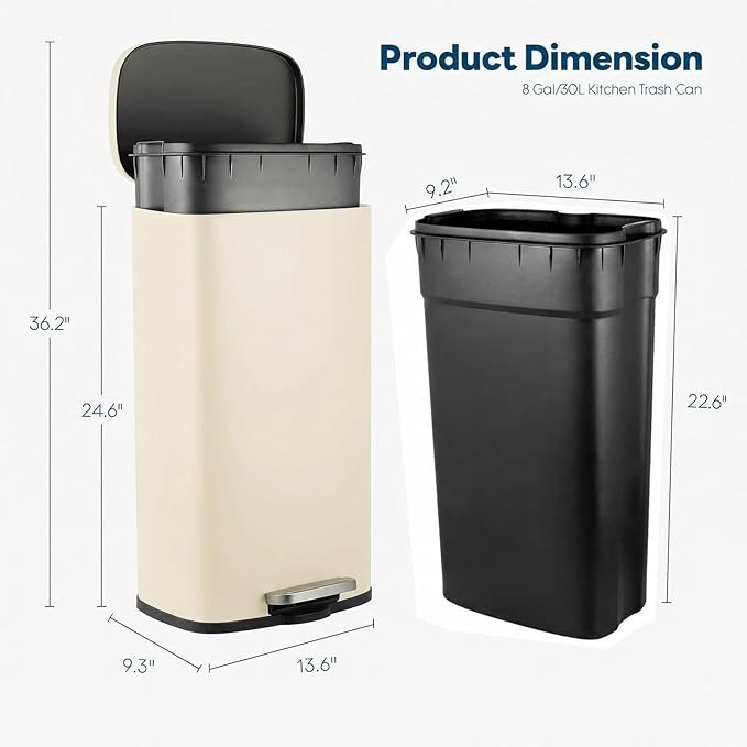 8 Gal Kitchen Trash Can, 30L Recycling or Garbage Bin, Brushed Stainless Steel Waste Basket, Soft&Quiet Close Dustbin, with Step-On Pedal, Removable Inner Bucket, for Home, Office, Living Room