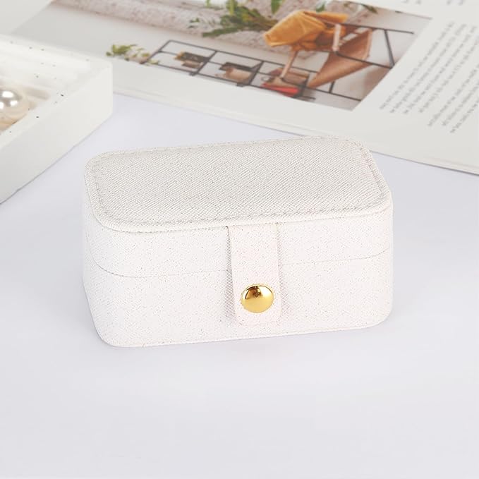 KUKUVR Small Travel Jewelry Box, Mini Jewelry Holder for Multiple Rings Necklace Earrings Lipstick, Portable Jewelry Storage Organizer Case with Removable Ring Slot (WHITE)