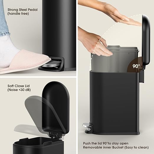 CEROELDA Small Bathroom Trash Can with Lid Soft Close, 5L/1.3 Gallon Stainless Steel Slim Garbage Can, Metal Waste Basket with Step Pedal, for Office, Bedroom, Toilet, Dorm Room (Black, 1.3 Gallon)