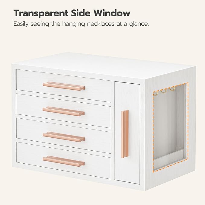 HOOBRO Jewelry Box for Women, Wooden Jewelry Organizer with Transparent Window, 4-Layer Jewelry Organizer Box, Jewelry Holder Organizer for Earrings, Necklaces, Rings, White and Gold WD09JB04
