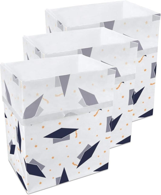Clean Cubes 13 Gallon Disposable Pop-Up Trash Cans (3-Pack) with Fitted Bags – Foldable Garbage & Recycling Bins for Parties, Events & Kitchen (Graduation, 17" H x 13.5" W x 10" D)