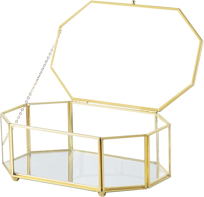 Glass Keepsake Organizer - Vintage Octagon Lidded Gold Home Decor Accent Box for Storage Rings, Bracelets