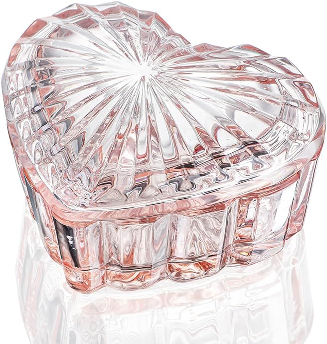 kanpura Glass Heart Shaped Jewelry Box Candy Dish with Lid Ring Earring Trinket Storage Box Vintage Jewelry Organizer Decorative Jar Christmas Gift for Women Girls(Pink)