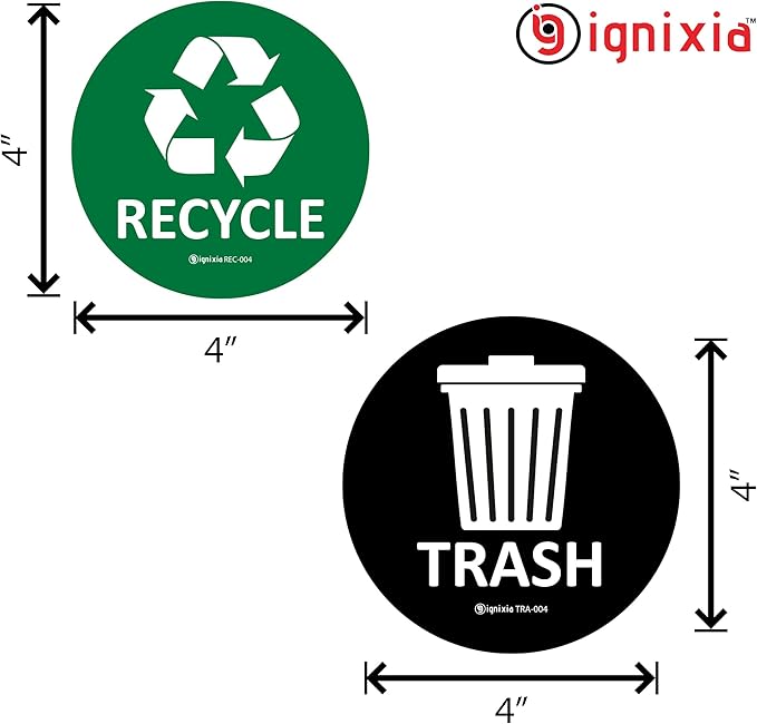 IGNIXIA (Pack of 04) Recycle & Trash Stickers Indoor & Outdoor Trash Bin Decals Recycle & Trash Symbols Sticker 4 X 4 Inches Self Adhesive Peel & Stick (Green/Black)