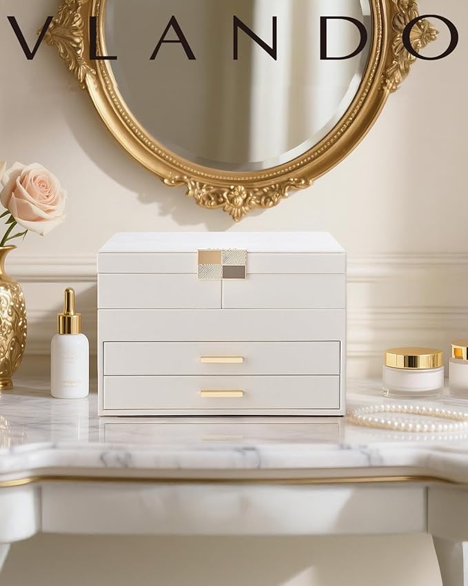 VLANDO 4 Layers Jewelry Box - Women Jewelry Box with Retractable Tray - Jewelry Organizer with Drawer for Necklaces, Rings, Bracelets, Earrings, Valentines Gift for Mom Girls - Cloud White