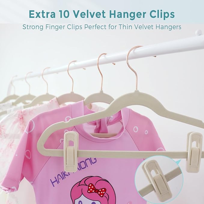 Tonswachic 50-Pack 11 Inch Baby Closet Hangers with 10 Clips - Soft Velvet Non-Slip Hangers for Infant & Toddler Clothes (Beige)