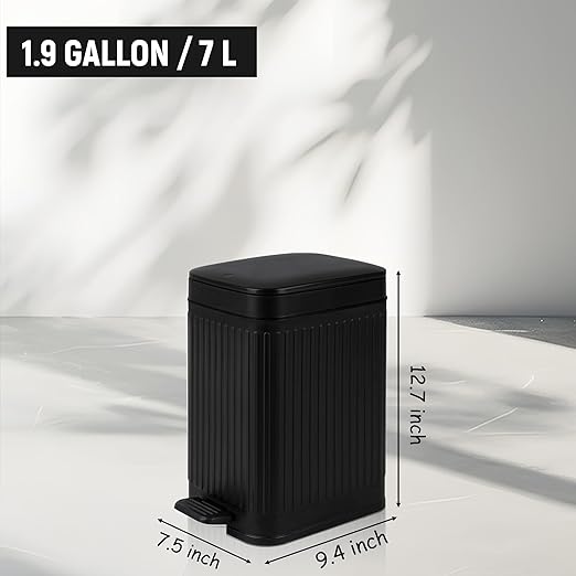 rejomiik Small Bathroom Trash Can with Lid Slim Soft Close Garbage Can Step Wastebasket Container Trash Bin for Office Bedroom Kitchen Living Room (1.9 Gallon Black)