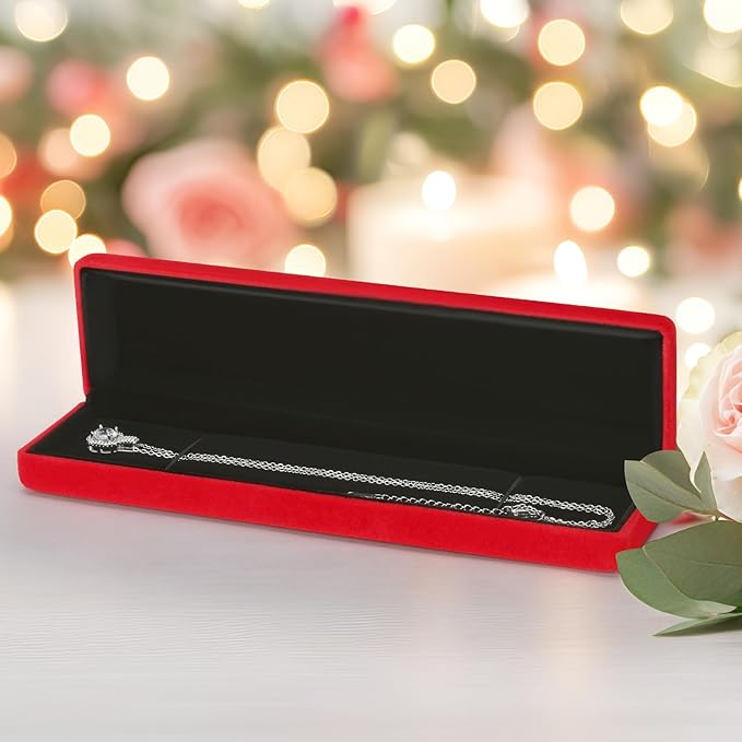 KUKUVR 2 Pieces Metal Velvet Necklace Bracelet Gift Box, Soft Lining Bracelet Pendant Long Chain Organizer Holder Display Case for Wedding Engagement Birthday Anniversary (Red)