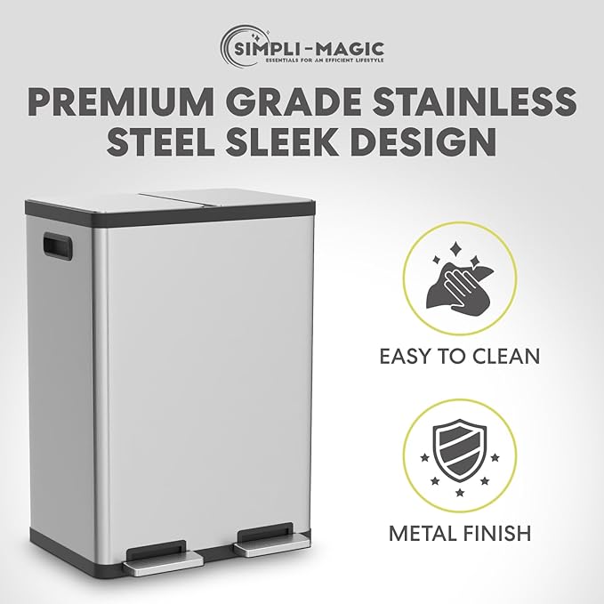 Simpli-Magic 16 Gallon (60L) Step Trash Can – Dual Compartment Kitchen Garbage Can with Waste & Recycling Bins – Slow-Close Lid, Odor Control, Hands-Free, Inner Bases, Premium Stainless Steel