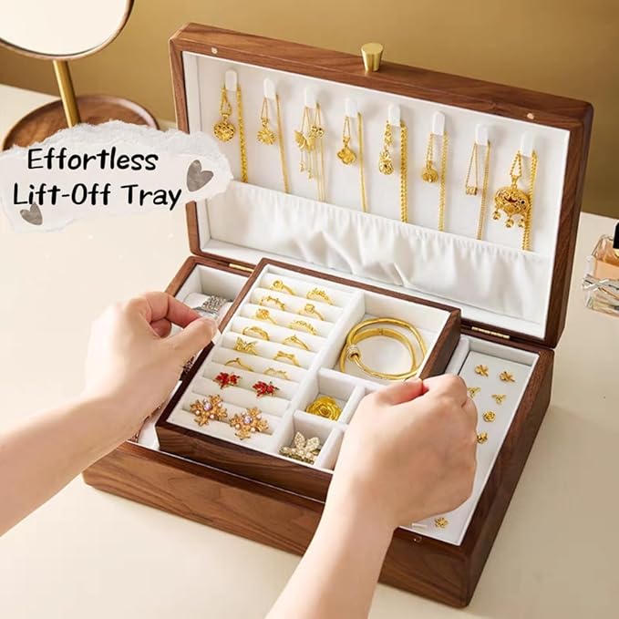 Bescott 2 Layer Solid Black Walnut Wooden Jewelry Box for Women Wood Vintage Organizer for Men Earrings Rings Necklaces Bracelet Watch Storage