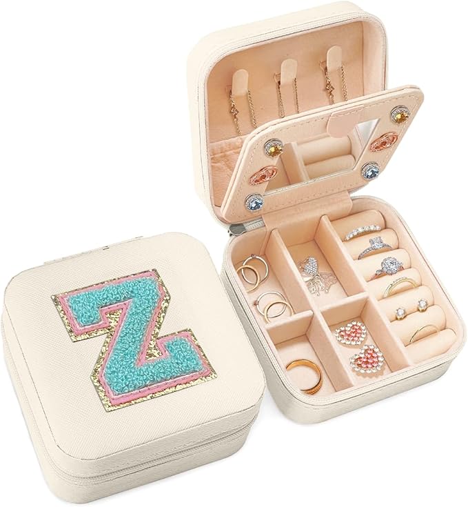 SANDJEST Personalized Jewelry Box, White Travel Jewelry Box with Initial Z, Small Monogrammed Jewelry Case Organizer for Girls Women Teen Kids, Mini Travel Essentials Gifts for Birthday Christmas