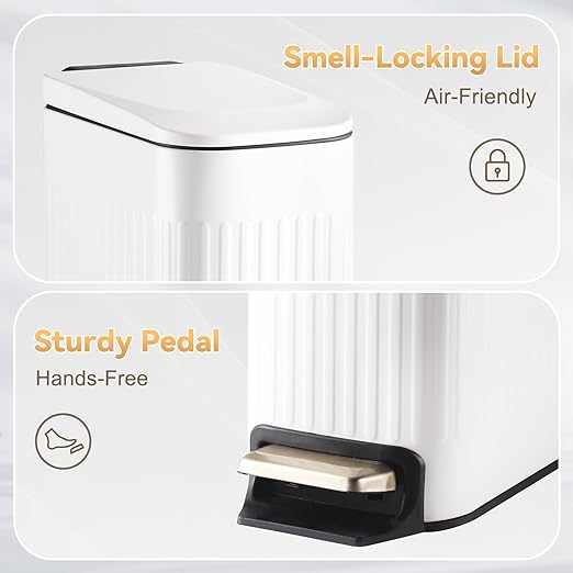 SYNCVIBE Slim Bathroom Trash Can with Lid Soft Close, Stainless Steel Garbage Can Step Trash Bin with Removable Inner Bucket for Bedroom, Office, Kitchen (Matt White, 1.8 Gallons)