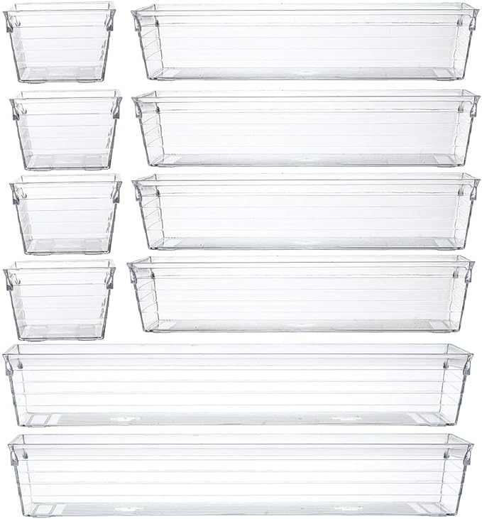 Backerysupply Clear Plastic Drawer Organizer Tray for Vanity Cabinet (Set of 10),Storage Tray for Makeup, Kitchen Utensils, Jewelries, and Gadgets