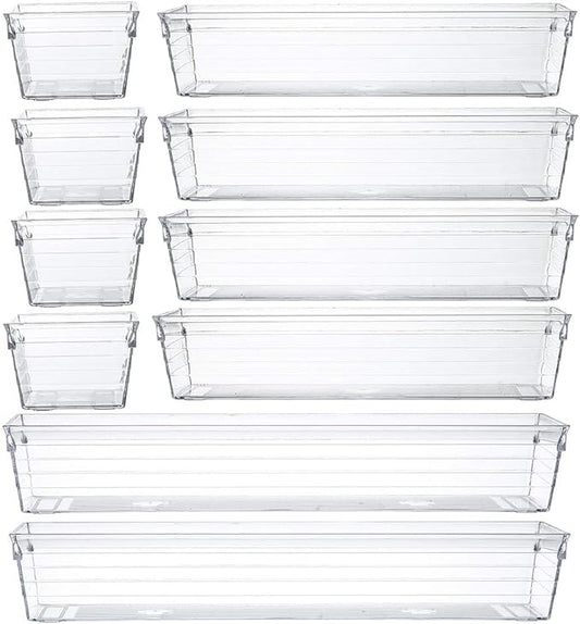Backerysupply Clear Plastic Drawer Organizer Tray for Vanity Cabinet (Set of 10),Storage Tray for Makeup, Kitchen Utensils, Jewelries, and Gadgets