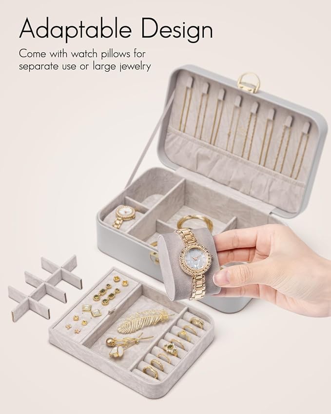 VLANDO 2 Layer Jewelry Box,Jewelry Organizer Storage Lockable Earring Organizer Removable Jewelry Tray with Watch Pillow for Neckable Ring Bracelets-Grey