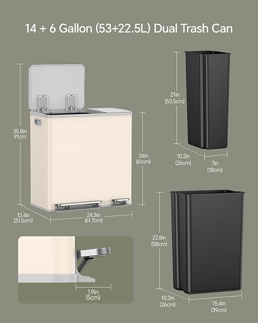 Lovewind Dual Trash and Recycling Bins for Kitchen, 13+6 Gallon Stainless Steel Garbage and Recycle Bin Combo for Large Families, Dual Trash Can with Soft Close Lid & Magnetic Stickers, Apricot