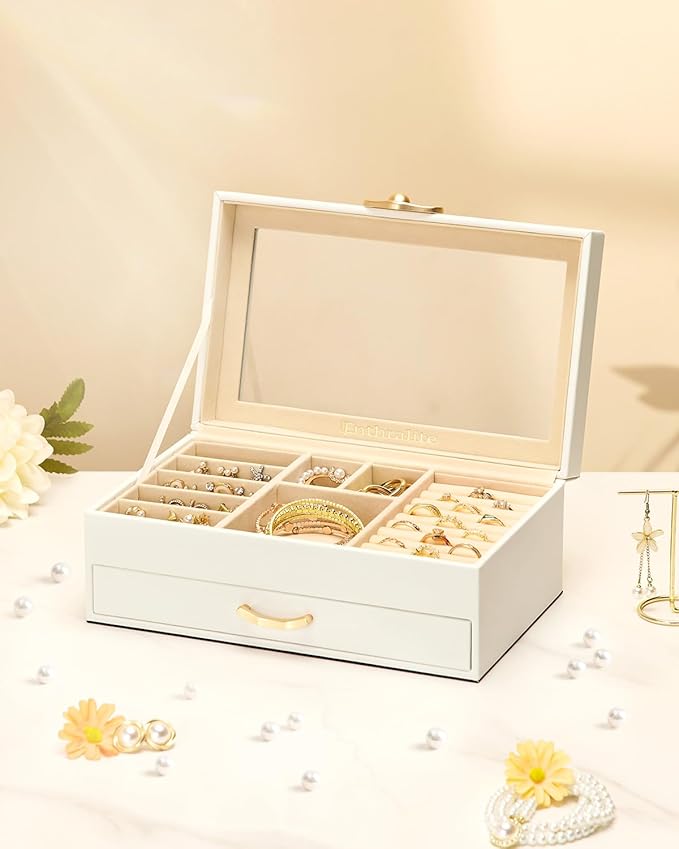 Enthralite Jewelry Box with 1 Drawer: Display Organizer for Earrings Necklaces - Gift for Girls Women (White)