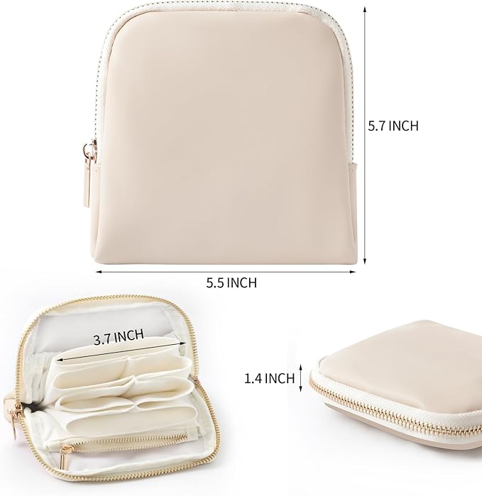 Genuine Leather Travel Jewelry Organizer Case Pouch Bags with Zipper, Small Mini Portable Jewelry Storage Bag for Ring Earrings Necklace Bracelet Travel Essentials Gift for Women（Beige）