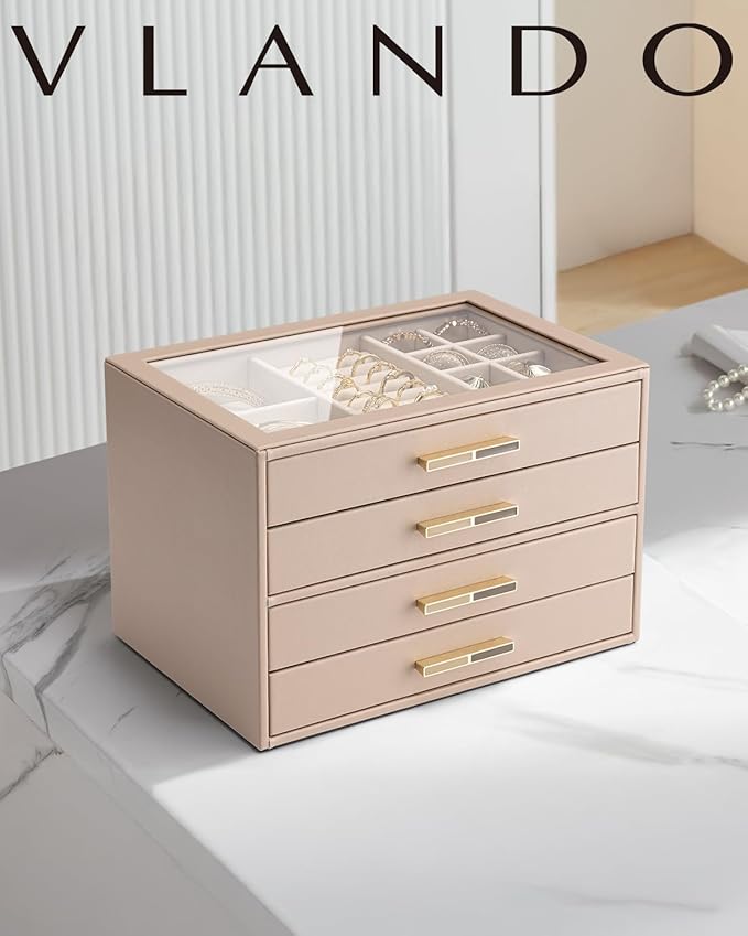 VLANDO 4 Layer Jewelry Box for Women, Mothers Day Gifts for Women, Glass Lid Jewelry Organizer with 4 Drawers for Necklaces Rings Earrings Bracelets - Toffee