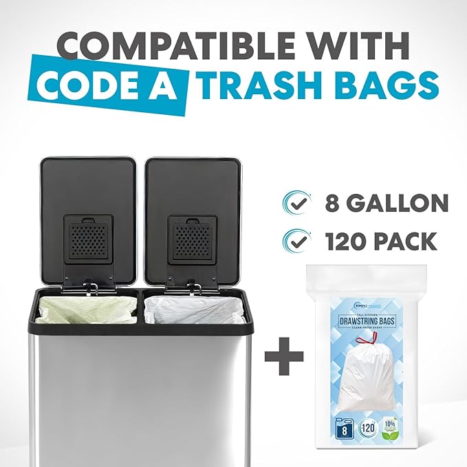 Simpli-Magic 16 Gallon (60L) Step Trash Can – Dual Compartment Kitchen Garbage Can with Waste & Recycling Bins – Slow-Close Lid, Odor Control, Hands-Free, Inner Bases, Premium Stainless Steel