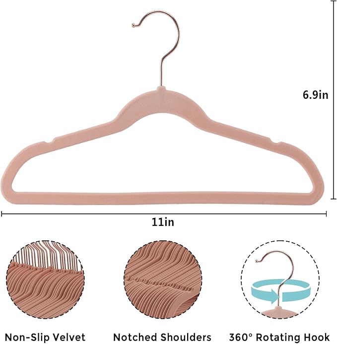 Tonswachic Baby Velvet Hangers 50 Pack - 11 Inch Non Slip Felt Kids Hanger for Infant Clothes - Ultra Thin Baby Felt Hangers for Toddler Kids' Closet with 10 Hanger Clips - Pink