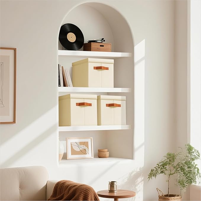 Homsorout Storage Bins with Lids - Fabric Storage Baskets for Shelves, 4 Pack Foldable Decorative Boxes with Handles, Stackable Organizer Bins for Home, Nursery, Dorm, Beige