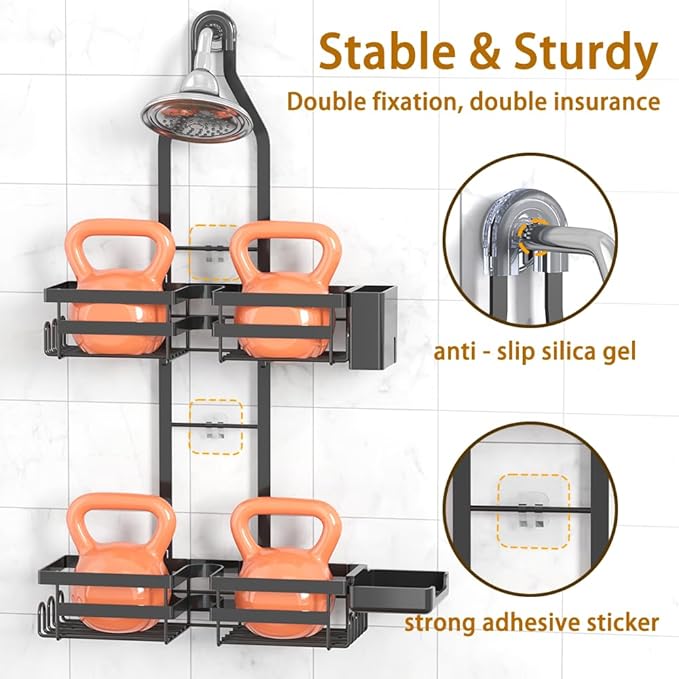 Over the Shower Head Caddy for Handheld Showerhead - Rustproof Hanging Shower Organizer, No Drill 2-Tier Bathroom Storage Shelf with Soap Holder, Black