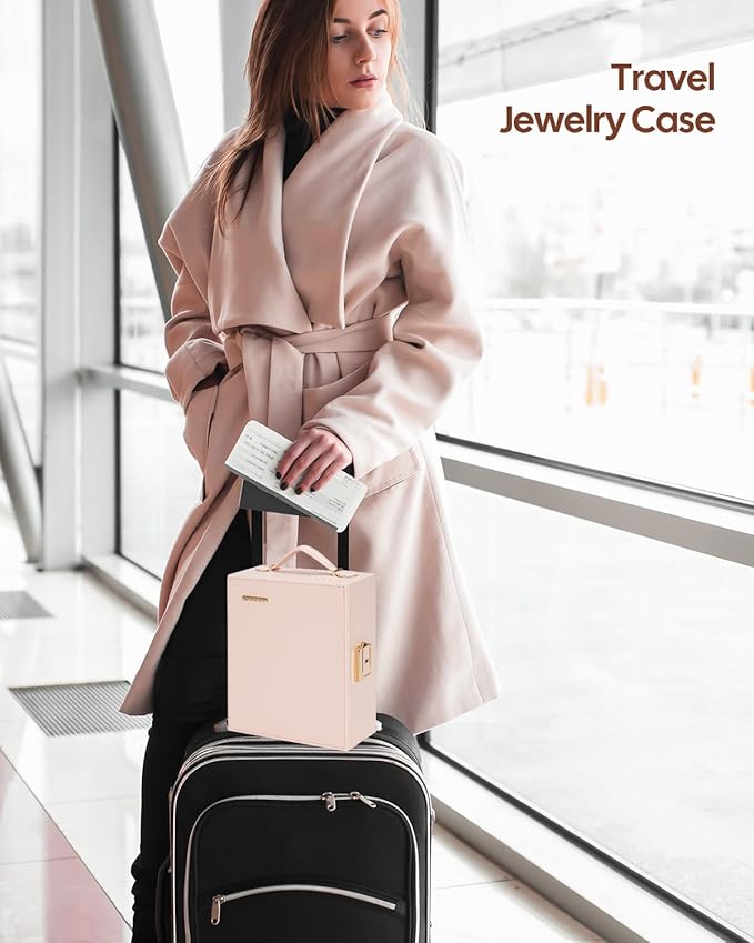 Enthralite Large Travel Jewelry Case: Portable Necklace Box with Mirror - PU Leather & Velvet Lined Jewelry Organizer for Ring Earring Bangle Bracelets Watch - Birthday Gift for Her