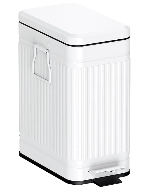 Small Bathroom Trash Can with Lid Soft Close, 6L / 1.6 Gallon Stainless Steel Small Garbage Can with Step Pedal, Slim Waste Basket for Bedroom, Toilet, Office - White