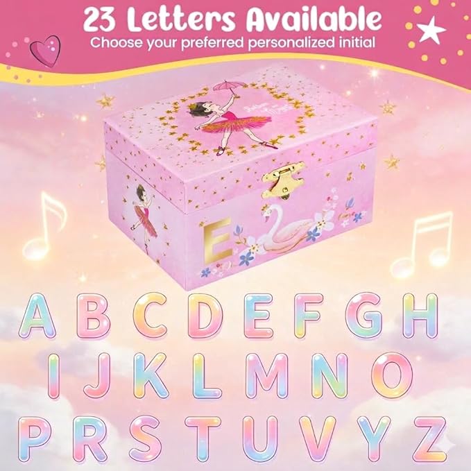 Personalized Initial E Musical Jewelry Box for Girls - Ballerina Music Box with Spinning Dancer, Includes Unicorn Necklace & Bracelet Set, Custom E Letter Keepsake for Kids Ages 3-10
