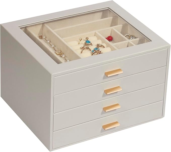 Jewelry Box with Glass Lid, 4-Layer Jewelry Organizer for Women Girls, PU Leather Display Case with 20-Grid Earring Tray & Movable Dividers for Necklaces Rings,Grey