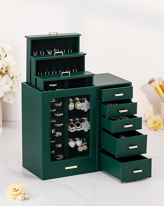 Homde Large Jewelry Box/Organizer/Case with Glass Window, Drawers for Necklaces Earrings Rings Bracelets Watches Gift for Women Girls