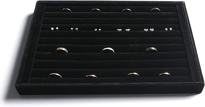 Frebeauty Stackable Velvet Jewelry Organizer Trays for Drawers Inserts Jewelry Storage Tray Display Case Stud Earrings Bracelets Necklace Rings Accessories Trays for Women Girl(Set of 4)(Black).