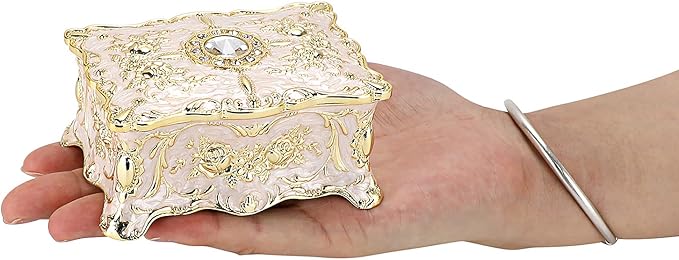 Hipiwe Vintage Jewelry Box, Small Enameled Trinket Box Organizer Rectangular Treasure Chest Box Jewelry Decorative box Keepsake Gift Box Case for Women,3.7x 2.7x 2 inch