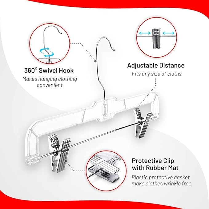 DEILSY™ Skirt Hangers 50 Pack Pants with Clips Hanger Shorts Clear Plastic Clothes with Adjustable Clip Non-Slip Clothes Hanger Perfect for Pant, Pack of 50