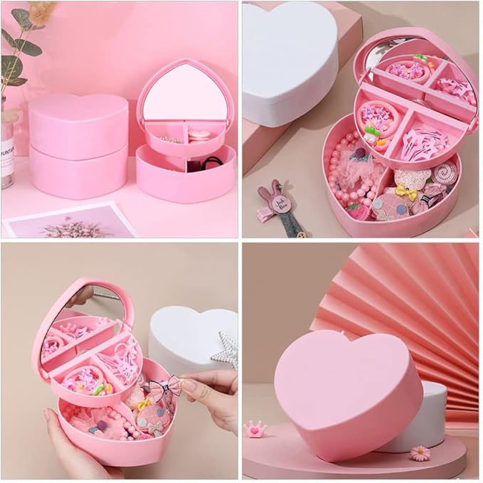 Cabilock 4 PCS Heart Shape Double Layer Jewelry Box with Mirror, Portable Jewelry Organizer Case for Earrings Rings Necklaces Desk Topper Organizer, Pink