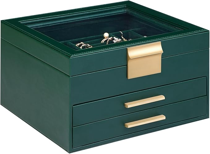 Somduy Jewelry Box Organizer for Women,3 Layers PU Leather Jewelry Storage Display Box with Glass Lid,Gift for people,3 Drawers,Large Capacity for Necklace Earrings Bracelets Rings, Dark Green
