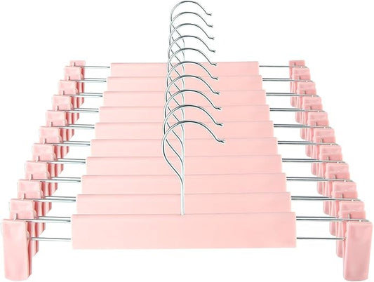 GUANJUNE Clothes Pants Hangers, Space-Saving Skirt Holders with 360 ° Swivel Hooks, Adjustable Clips, Trouser Hangers, Clothes Coat Garment Jeans Hangers (10 Pack, Pink)